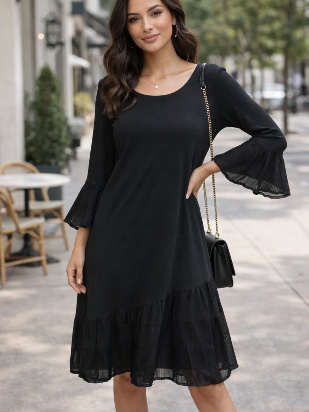 Black Dress Long Sleeve Dress With long Ruffle Sleeves